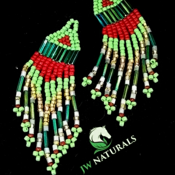 Artisan Christmas Holiday Fringe Beaded Earrings - Picture 2 of 4